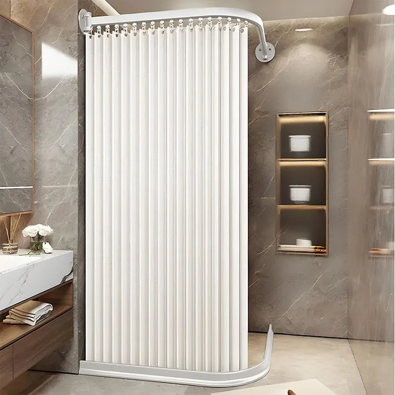 rideau douche pliable gris blanc bleu rayures verticales opacité moderne support mural