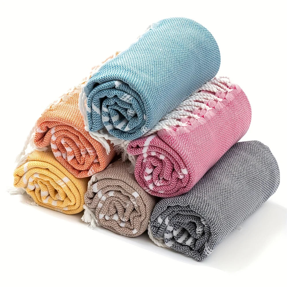 serviette plage polyester séchage rapide rayures horizontales bleu clair rose orange