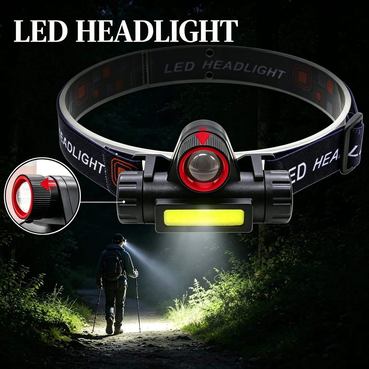 lampe frontale led rechargeable pêche camping extérieur clip détachable noir rouge jaune
