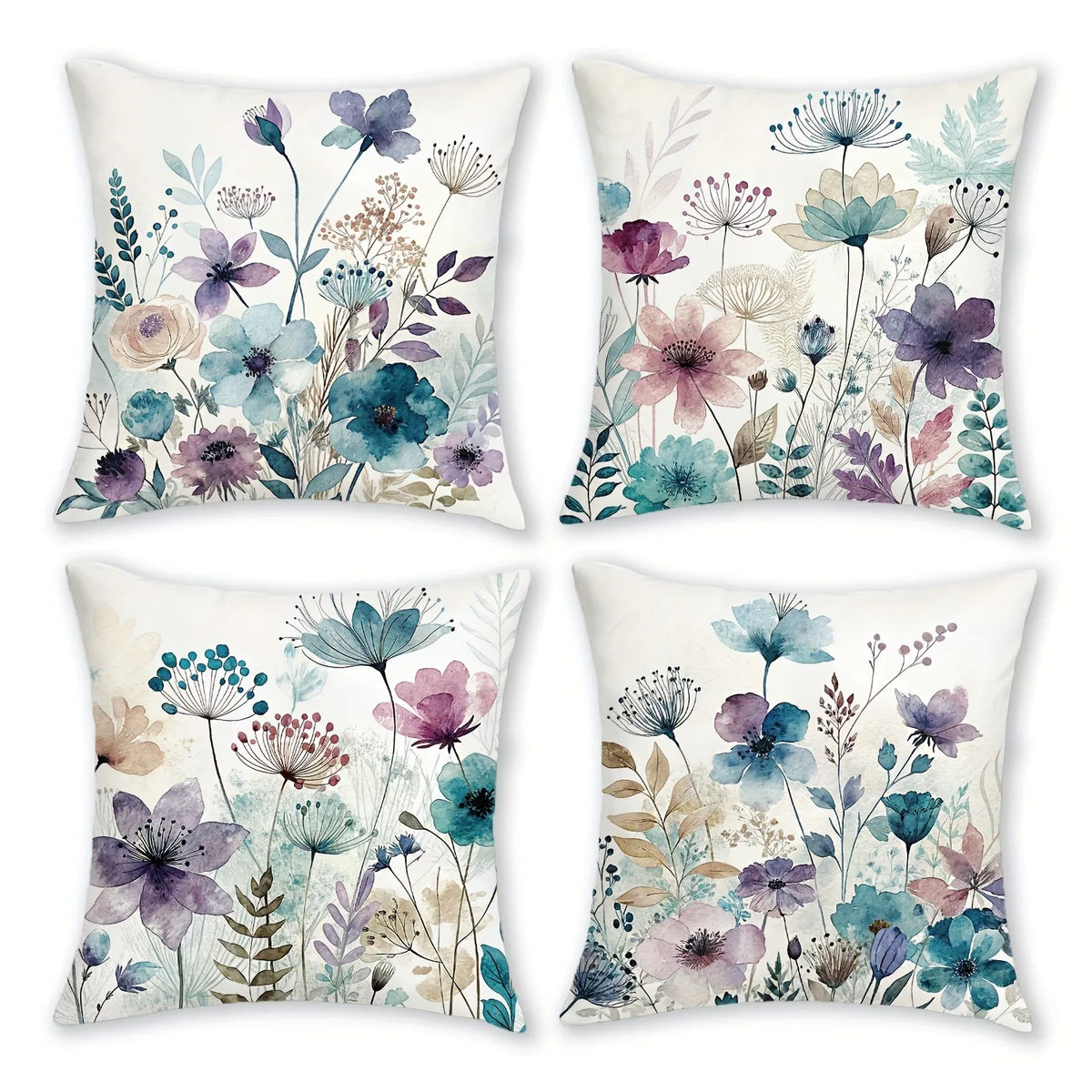 housse coussin polyester motif floral bleu violet rose moderne blanc
