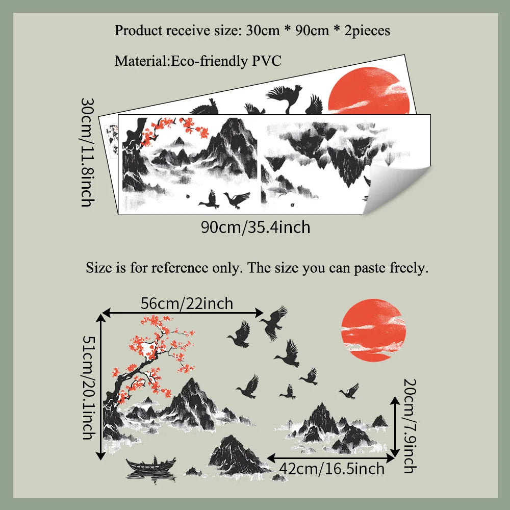 sticker mural paysage chinois oiseaux volant fleurs montagnes solstice décoration intérieure salon chambre