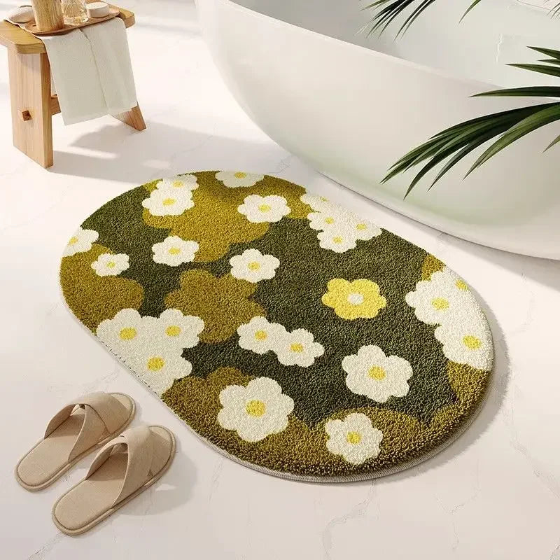 tapis bain moderne fleurs colorées résistant l'eau antidérapant vert blanc jaune rose bleu orange