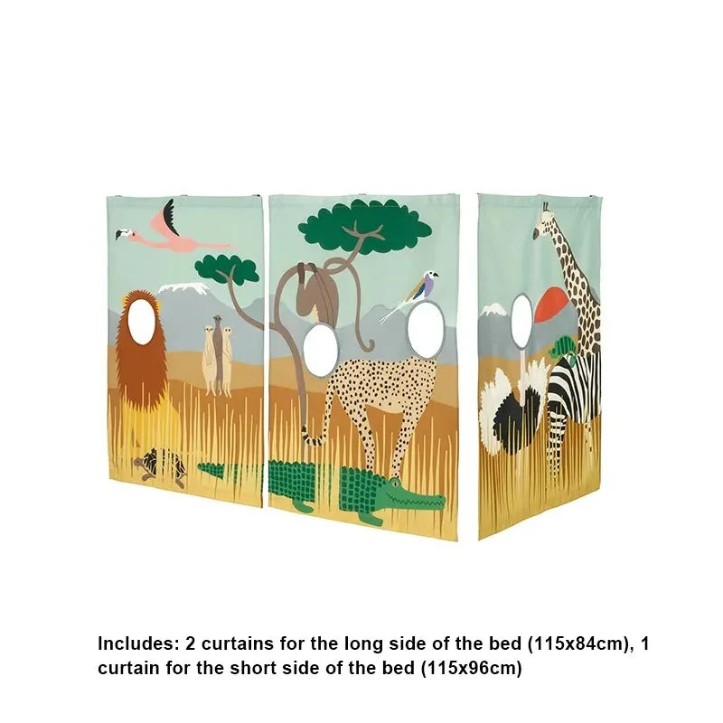 rideaux enfant safari motifs animaux savane opaques attaches métal décoration chambre verte beige