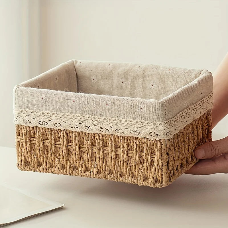 panier dentelle osier motif floral beige rustique décoration intérieure rangement cosmétiques élégant sophistiqué
