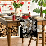 chemin table moderne élégant fleurs stylisées noir blanc doré polyester imitation lin