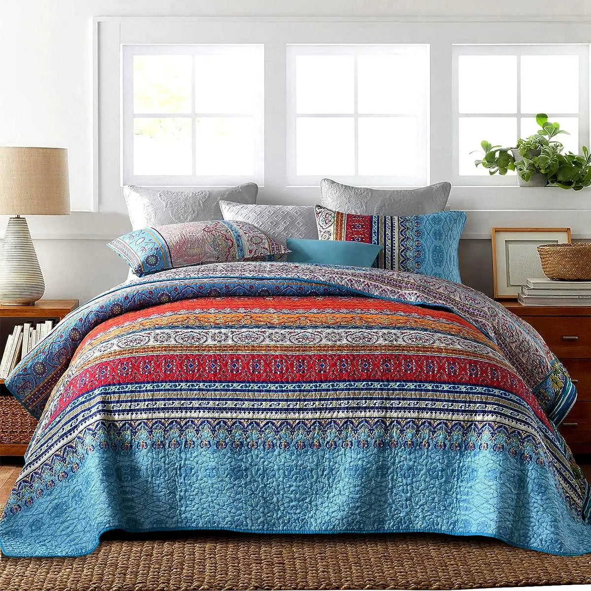 couvre lit boho chic motifs ethniques 100% coton bleu rouge orange beige blancversible