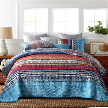 couvre lit boho chic motifs ethniques 100% coton bleu rouge orange beige blancversible