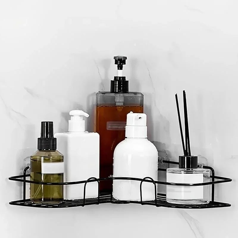 étagère d'angle moderne noir blanche grille métallique imperméable clips adhésifs bouteilles flacons verres salon