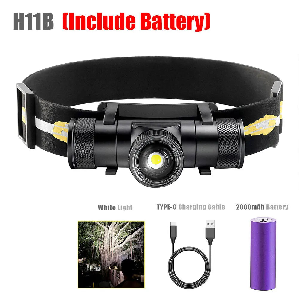 lampe frontale noire led rechargeable étanche camping pêche tête orientable zoom adjustable
