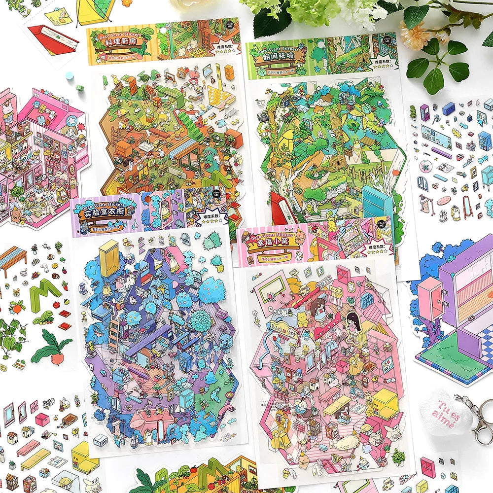puzzle 3d illustratif scènes urbaines personnages divers adhésif rose jaune vert bleu blanc