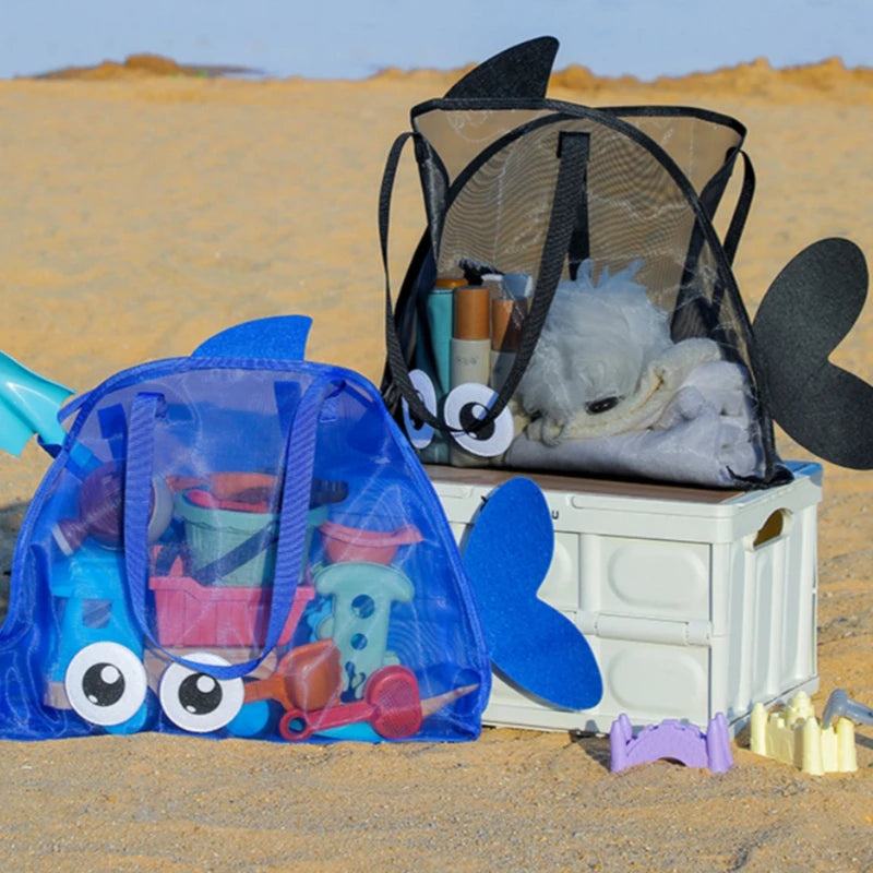 sac plage polyestère réutilisable orange vert bleu noir poisson transparent enfant pelle seau jouets