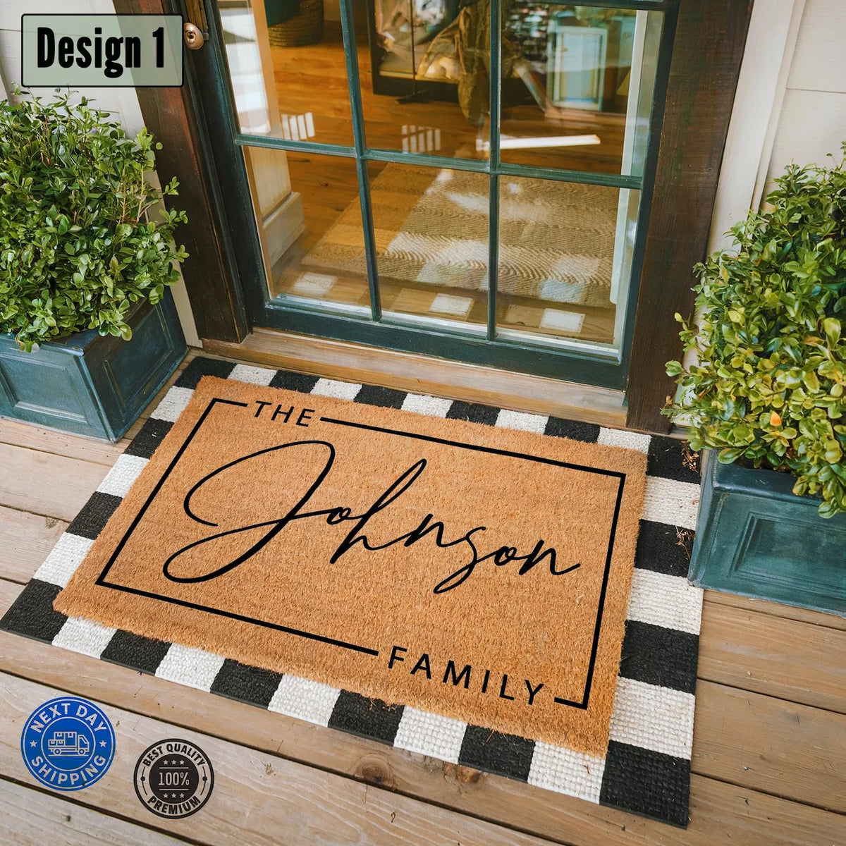 tapis d'entrée personnalisable marron clair fibre coco antidérapant moderne housewarming gift bienvenue