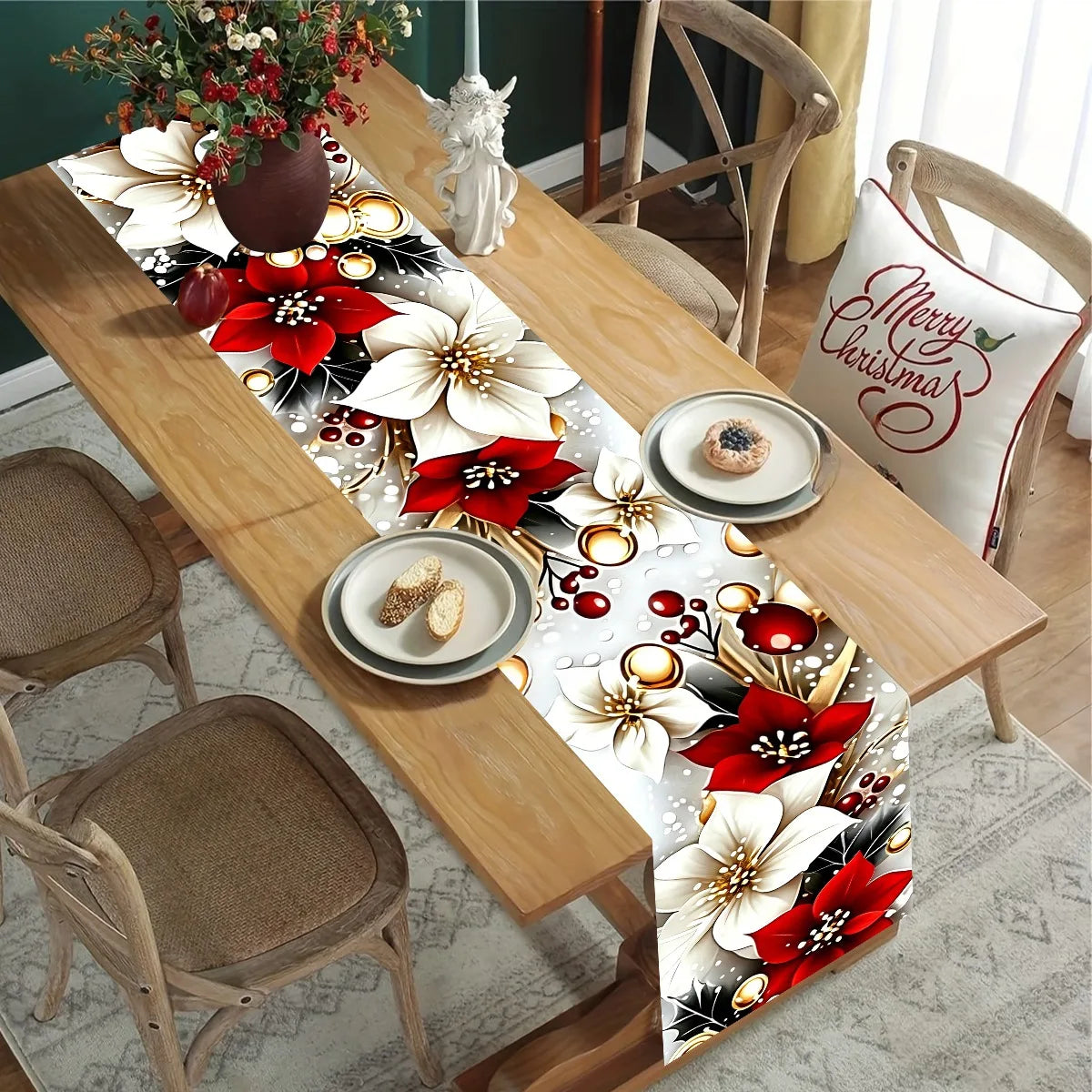 table noël blanc rouge motif floral hiver extérieur moderne festive polyester