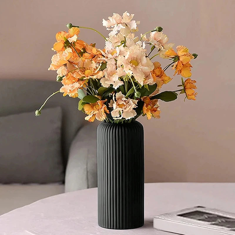 vase strié plastique moderne blanc noir fleurs artificielles plantes séchées bougie