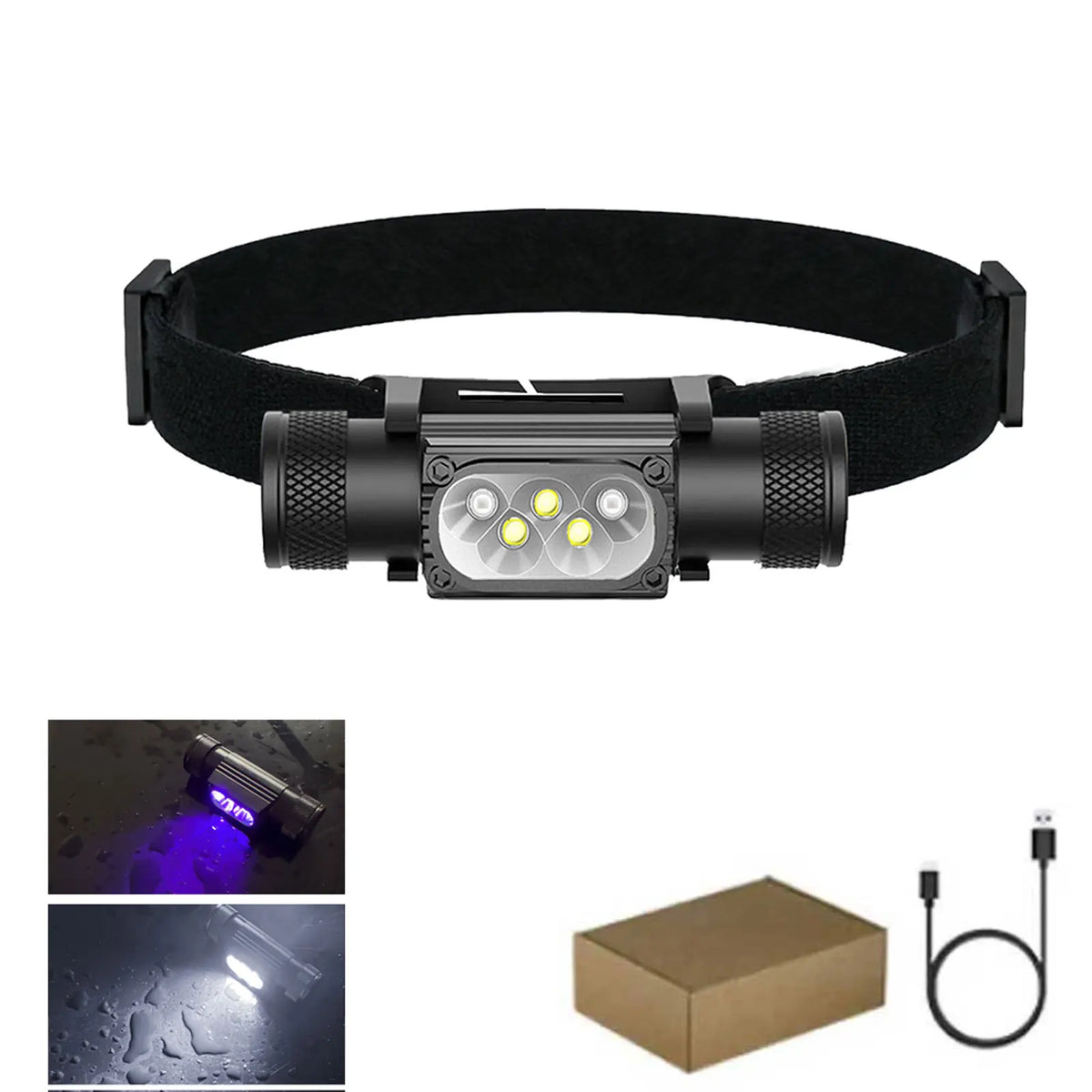 lampe torche rechargeable led uv blanc rouge verte bleue pêche chasse ceinture moderne