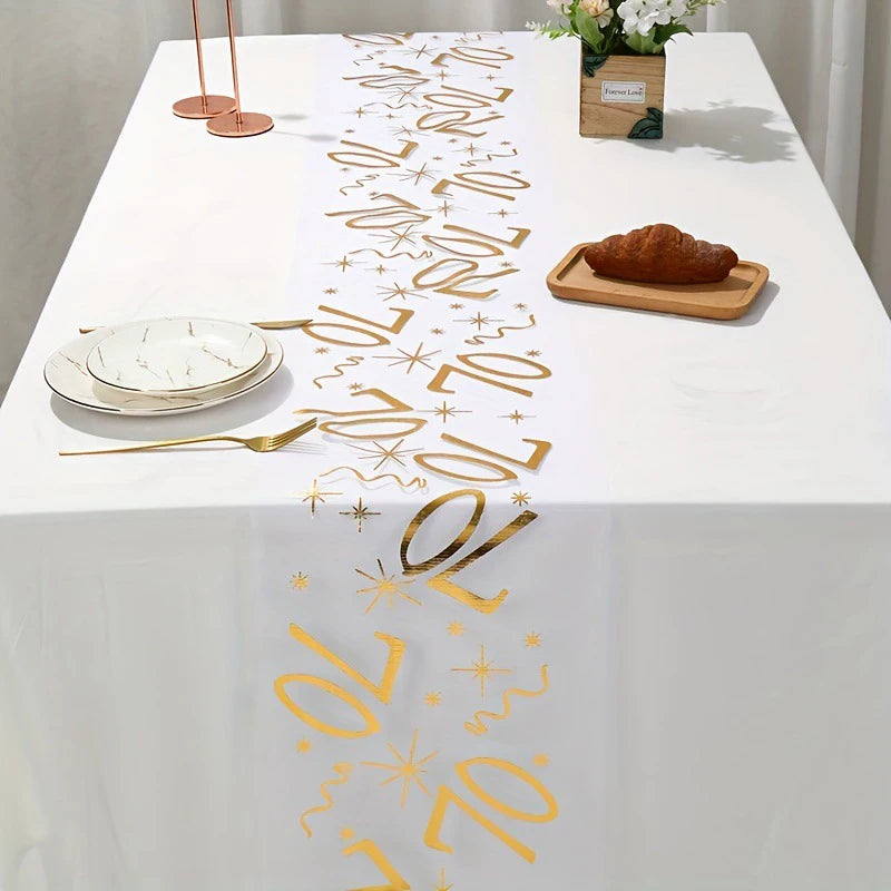 chemin table blanc or imprimé chiffres dorés étoiles abstrait fête anniversaire rouleau 28cm longueur
