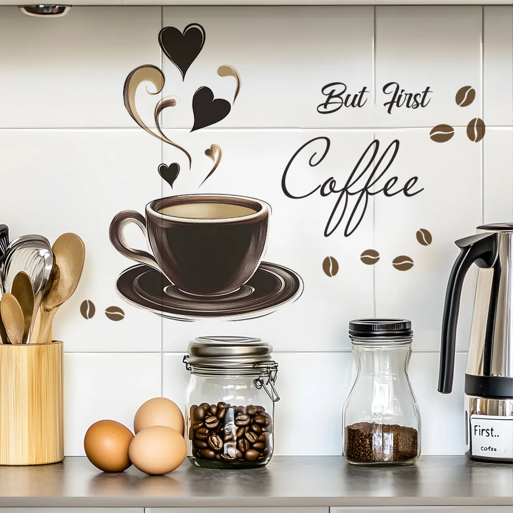 autocollant mural tasse grains but first coffee moderne déco adhésif noir beige marron
