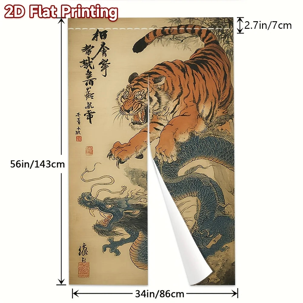 rideau japonais traditionnel noren motif tigre dragon calligraphie clips magnétiques orange noir cuisine maison