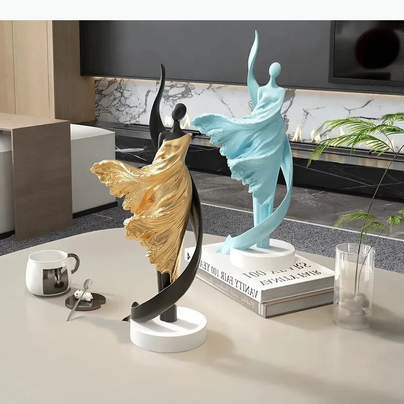 statue abstraite contemporaine noir doré blanc bleu base plate moderne minimaliste ornement décoration