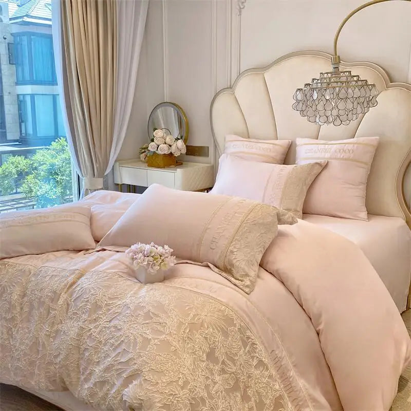 ensemble literie rose pâle broderie florale classique 200x230cm 220x240cm 48x74cm 4pcs