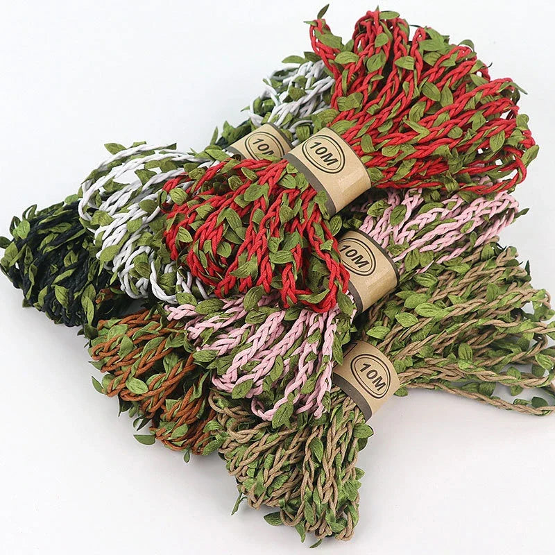 ruban artificiel feuilles vertes imprimées rouge rose noir vert marron clair 5mètres textile artisanal