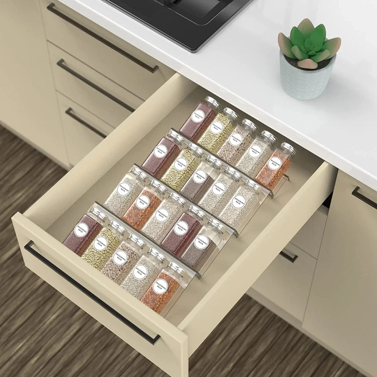 bocaux transparents modernes adhésifs étiquettes rangement cuisine épices cosmétiques grains organisation minimaliste