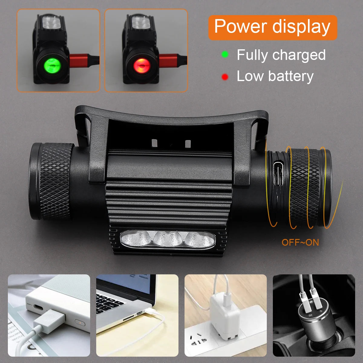 lampe frontale noire led rechargeable 30w ceinture ajustable mode lumière pratique