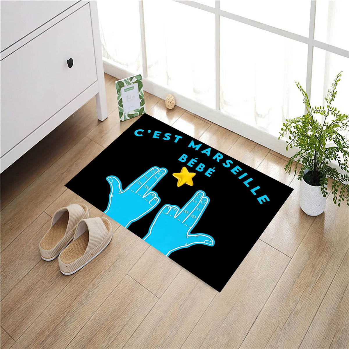 tapis graphique pop art bleu noir main étoile anti dérapant résistant extérieur intérieur porte