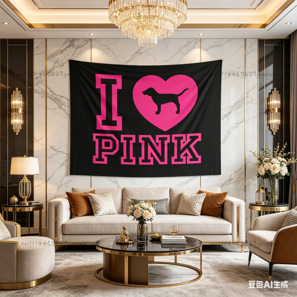 tapisserie murale graphique pink chien cœur noir rose vif moderne décoration chambre étudiante bannière