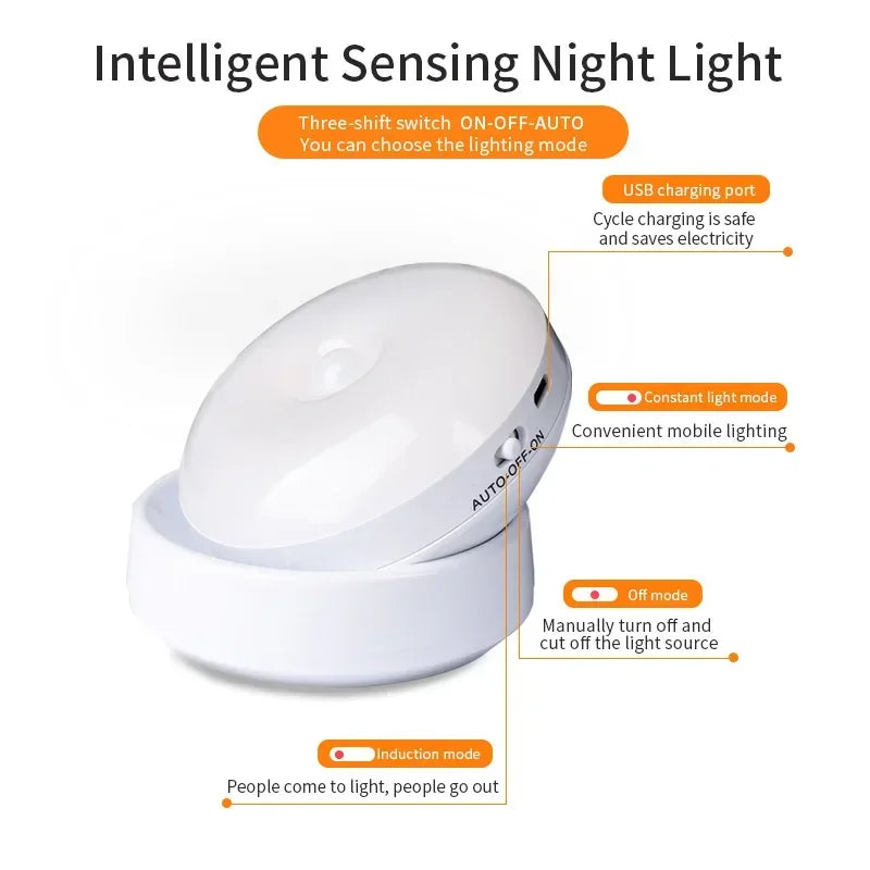 veilleuse nuit lampe led rechargeable aimant magnétique rotation 360 blanc moderne sensor motion detection