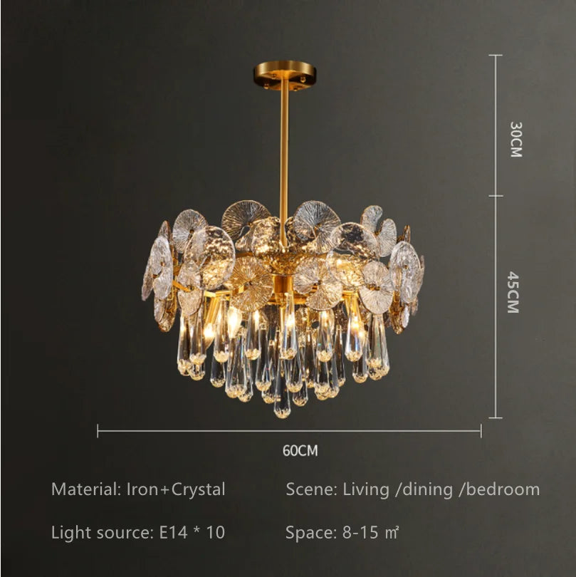 Suspension lumineuse moderne cristal doré transparent salon chambre 2000 82000 lumens