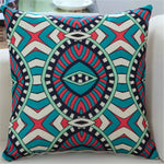 housse coussin imprimée moderne motifs géométriques bleu rouge noir 45x45cm