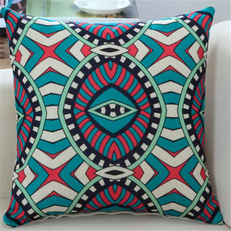 housse coussin imprimée moderne motifs géométriques bleu rouge noir 45x45cm