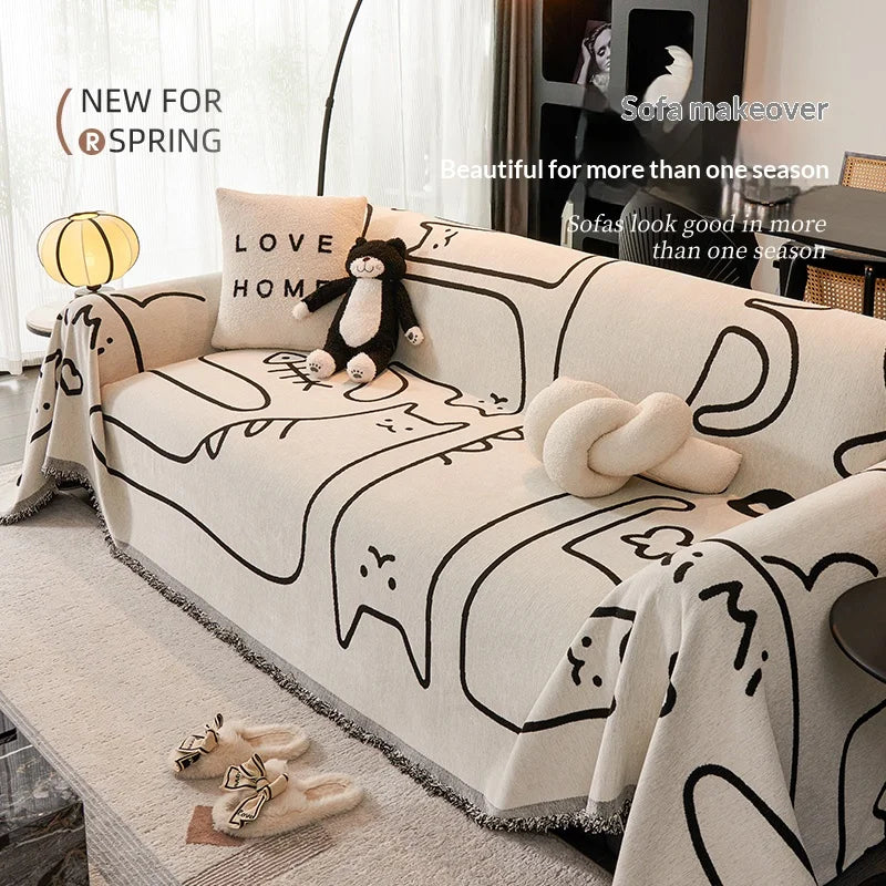 housses canapé chenille dessins animaux beige noir moderne lavable printemps été