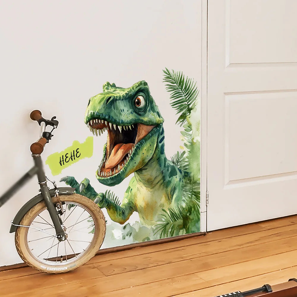 autocollant mural dinosaure dessin animé feuilles vert jaune blanc chambre enfants décoration maison adhesive
