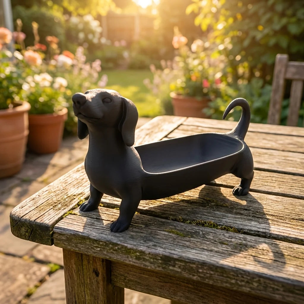 plateau rangement forme chien dachshund noir texturé métal décoratif bijoux montres clés ornement chambre