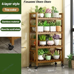 présentoir vertical étagère fleurs mobile bois naturel lattes horizontales moderne 10 niveaux roulettes balconintérieur