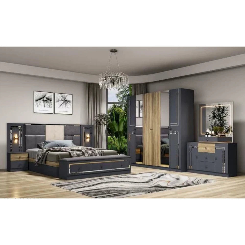 lit tête capitonnée armoire coulissante commode miroir chambre moderne blanc doré