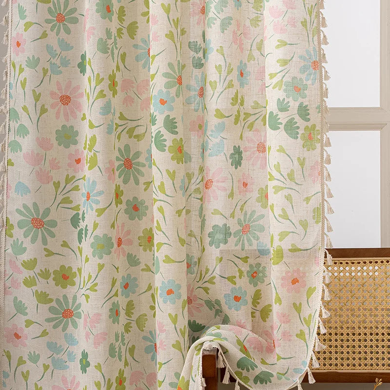 rideau fleuri transparent polyester moderne maison blanc vert bleu rose orange
