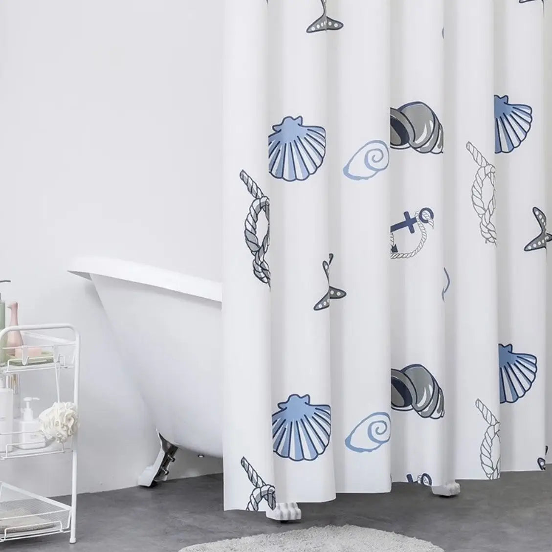 rideau douche moderne motif marin coquilles étoiles mer blanc bleu gris
