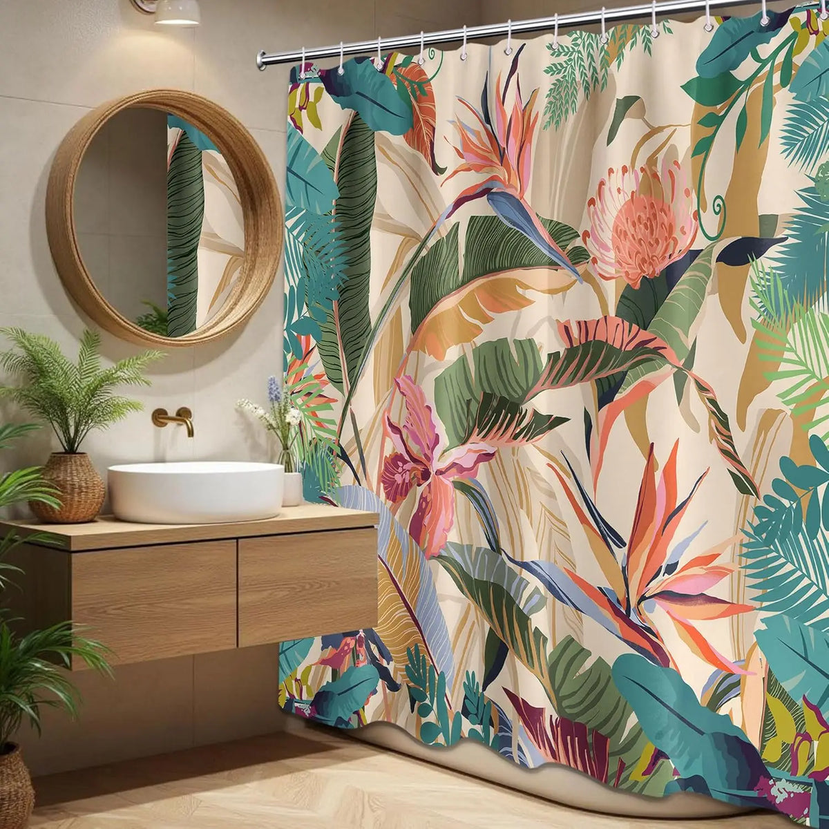 rideau douche tropical feuilles fleurs moderne multicolore opaques 12 71x71inch