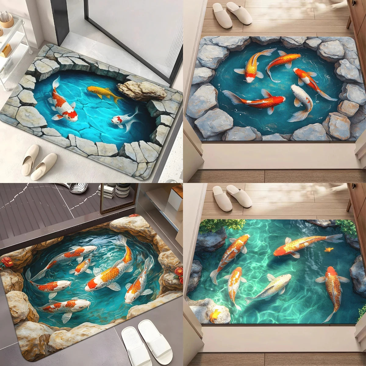 tapis moderne poissons carpes bleu blanc orange jaune gris antidérapant résistant décoloration utilisation bain