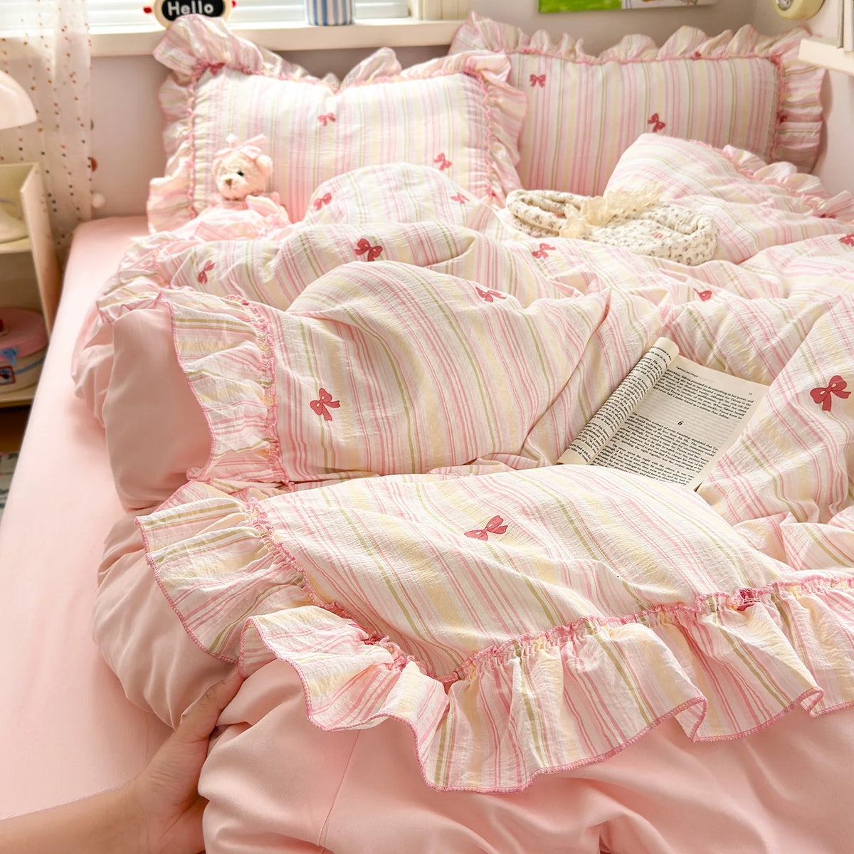 ensemble literie rose clair papillons brodés pièces housse taies d'oreiller doux romantique
