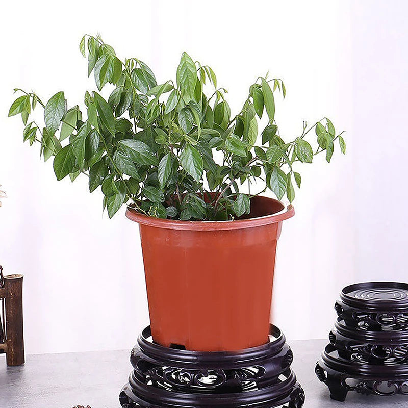 pots fleurs plastique brun vert orange motifs têtes lions plantes bonsaï orchidées décorations asiatiques
