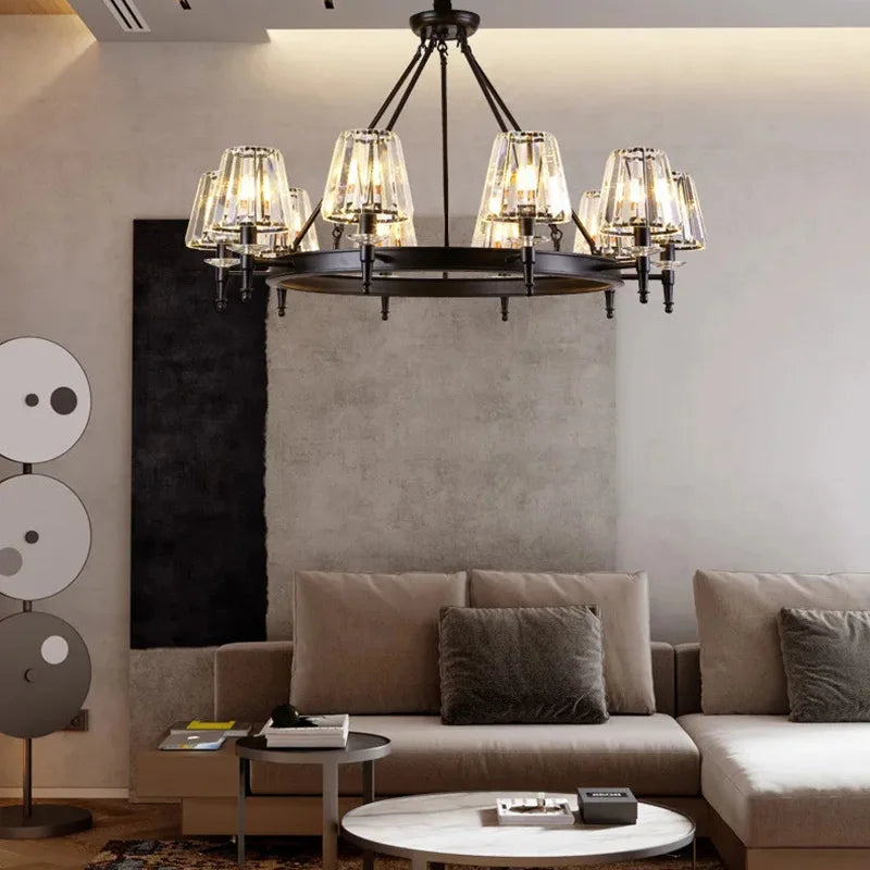 lustre moderne industriel verre taillé noir transparent suspension led abat jour cristal k9