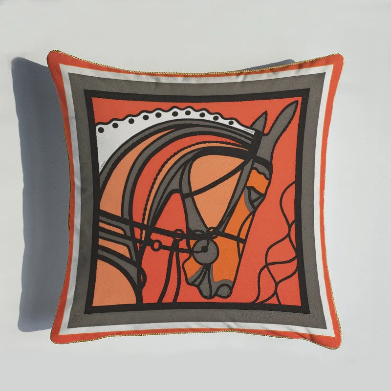 coussin decoratif velours orange motif cheval moderne bord doré 45x45cm sofa decoration