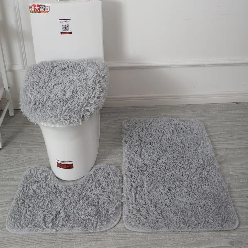 tapis toilette rose violet gris clair peluche points moderne antidérapant ensemble trois pièces