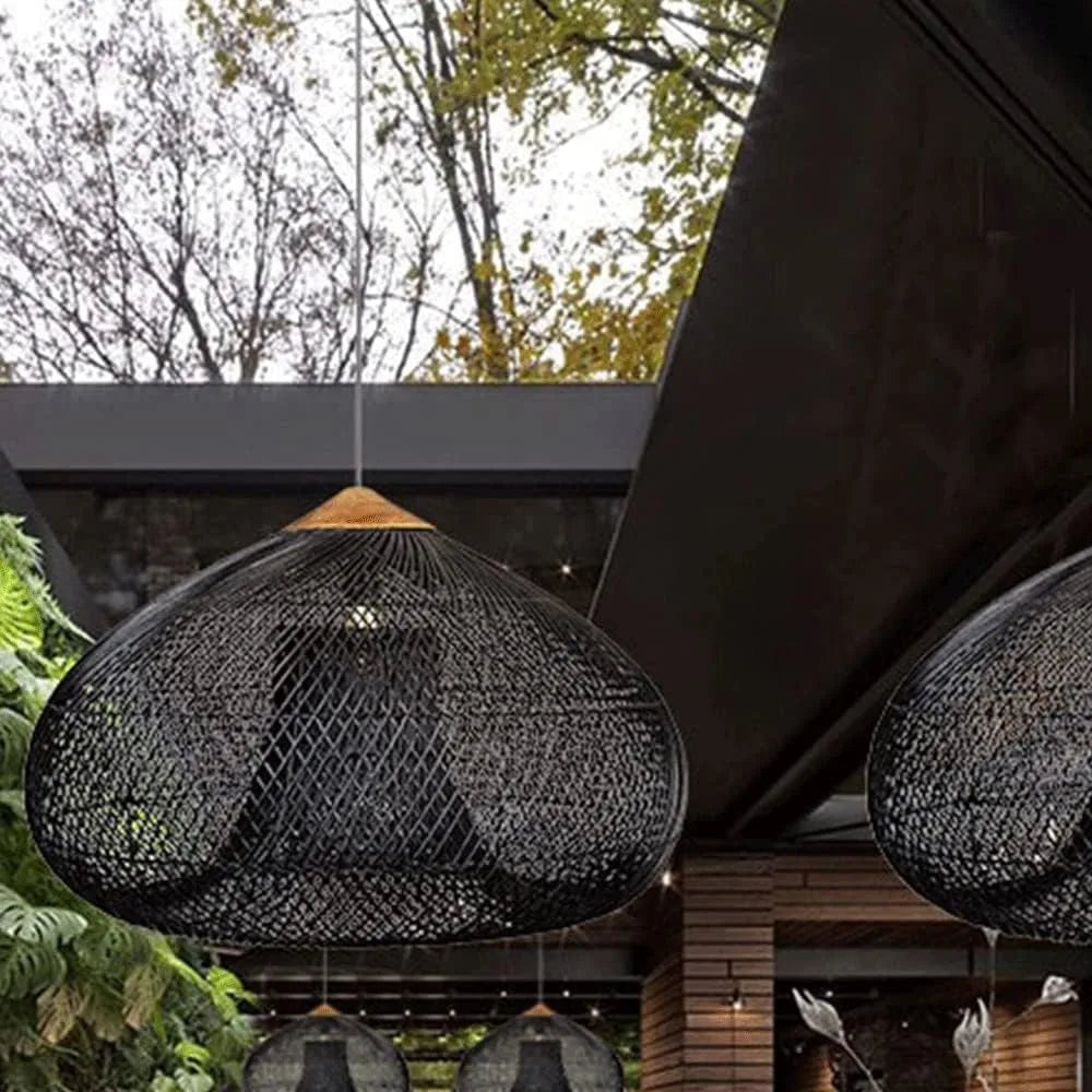 suspension lumineuse rattan tressé noir moderne rustique crochets câble électrique 60 80 cm
