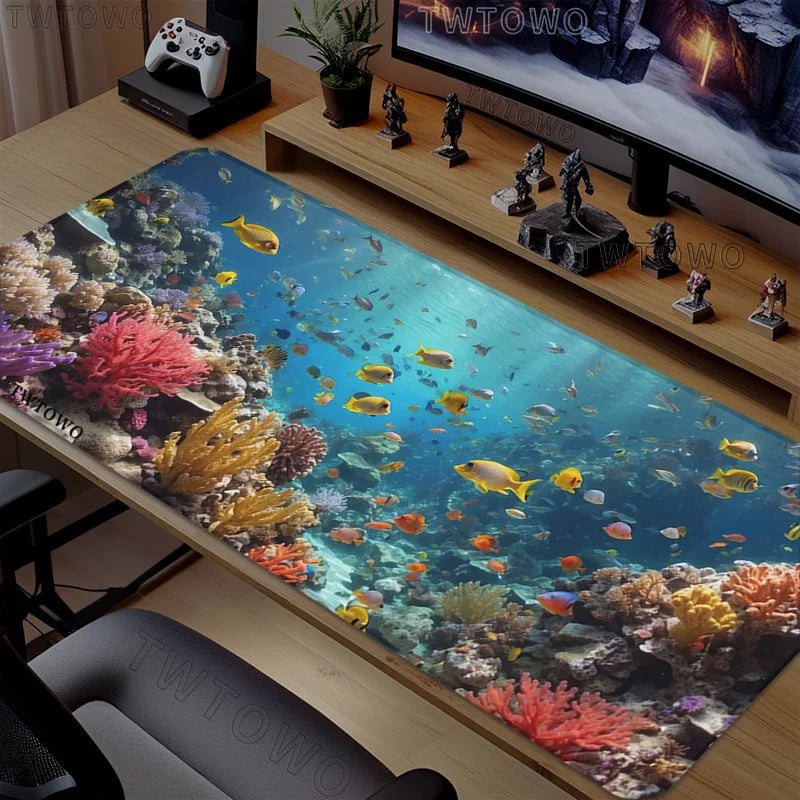 tapis souris gamer xxl noir motif sous marin coraux poissons tortue ordinateur