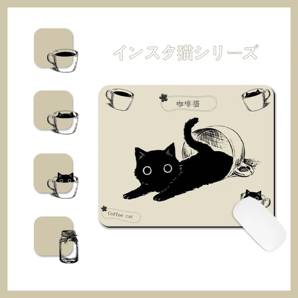 tapis souris chat noir dessin animé tapis imperméable adhésif dessin simple opacité beige clair